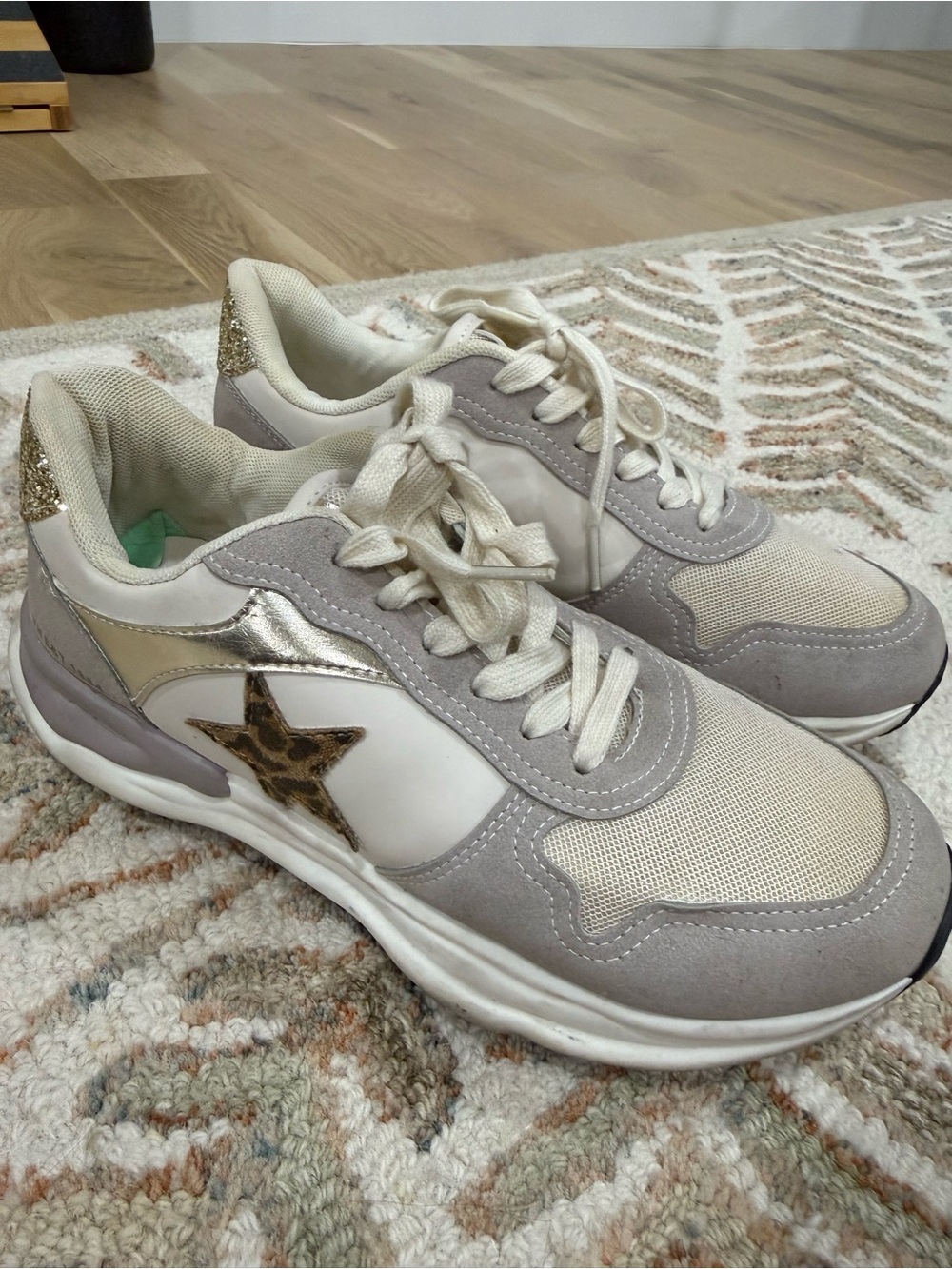 Vintage Havana Cream and Light Gray Sneakers with Gold and Leopard Star Size 8.5